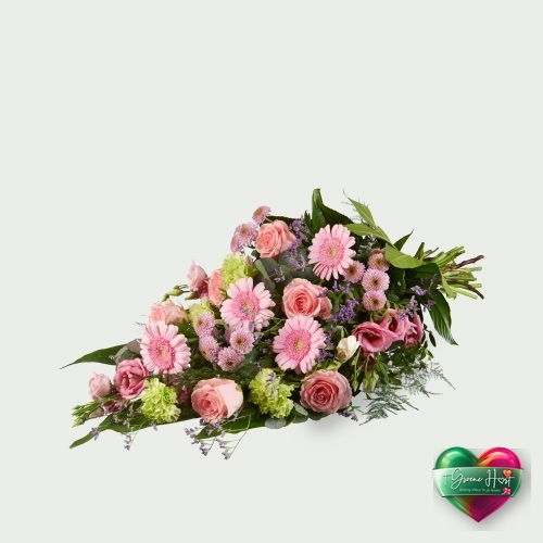 Zacht rouwboeket in roze en groen met gerbera's en rozen